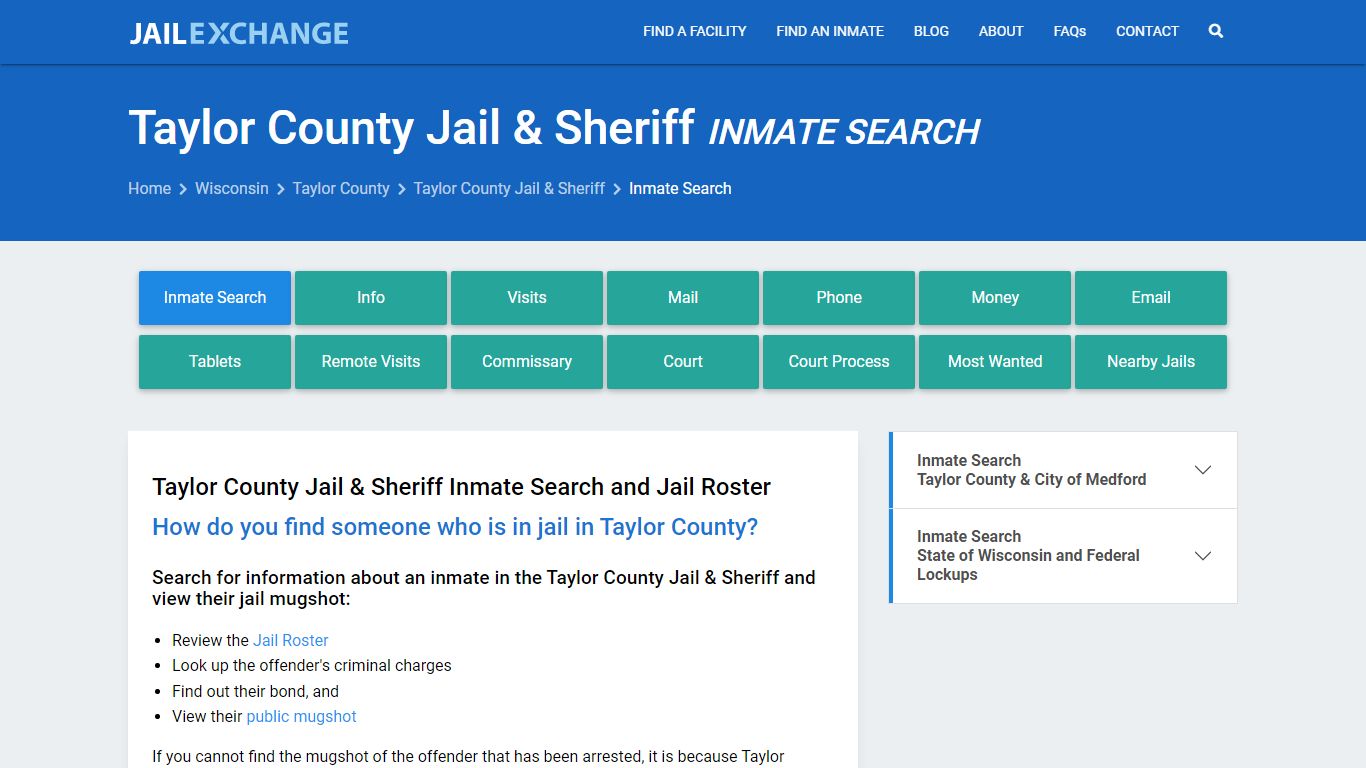 Inmate Search: Roster & Mugshots - Taylor County Jail & Sheriff, WI